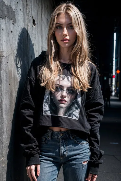 RAW photo, (goth girl), (style of Man Ray:1.4), eerie, dark theme, horror, unsettling, Amusement, Distressed jeans, band hoodie, and platform sneakers, sam yang, Fringe cut, Dirty blonde hair color, Metallic silver eyeshadow with a pop of color, Rectangle-shaped (straight and balanced with minimal waist definition), (analog style:1.2), (film grain:1.2), (high detailed skin:1.2), 8k uhd, dslr, soft lighting, high quality, film grain, Fujifilm XT3, perfect lighting, perfect shading, <lora:epi_noiseoffset2:0.5> <lora:Cohen_20230701183210:0.5> <lora:sam_yang_offset_right_filesize:0.3> <lora:more_details:0.5>