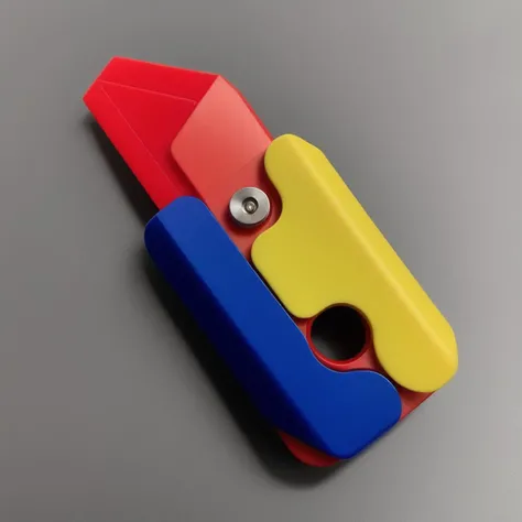 A photorealistic image of a folding knife designed with the bright, cheerful colors commonly found in children's toys. The blade should be safely tucked into its handle, and the handle itself should be vibrant with primary colors like red, blue, and yellow. The knife should be placed inside a box that complements its playful design, perhaps with a clear window to showcase the knife. The box could also have playful designs or patterns on it, making it look like a toy package.,<lora:Luobo_knife3:0.6>