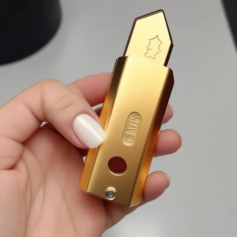A photorealistic image of a beautiful woman holding a golden lighter. The woman should have an elegant appearance, perhaps wearing a classy dress or jewelry that complements the luxurious look of the golden lighter. Her nails might be well-manicured, and her hand should be positioned in a way that showcases the lighter prominently. The golden lighter itself should have a sleek and high-quality design, possibly with intricate engravings or gemstone embellishments. The background should be simple yet elegant, serving to highlight both the woman and the lighter,<lora:Luobo_knife3:0.65>
5>