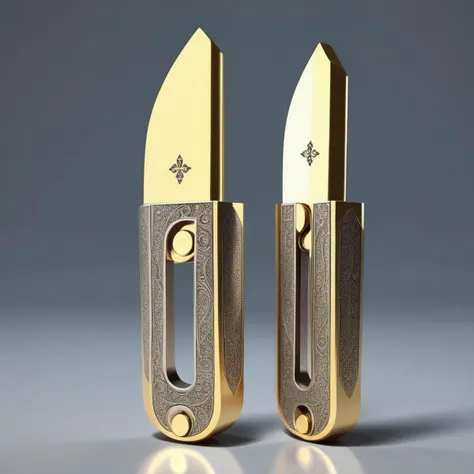A photorealistic image of a folding knife that exudes the aura of an ancient or religious artifact. The blade should be intricately designed, possibly with engravings or symbols that suggest a mystical or sacred origin. The handle could be made of a material that looks aged or precious, like weathered bone or gold, and may include gemstone inlays or other ornate details. The knife should be displayed in a setting that enhances its artifact-like qualities, such as an ancient temple or a sacred altar. Dramatic lighting should be used to cast shadows and highlights that emphasize the knife's intricate details and give it a mystical glow,<lora:Luobo_knife3:0.55>