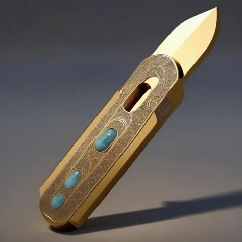 A photorealistic image of a folding knife that exudes the aura of an ancient or religious artifact. The blade should be intricately designed, possibly with engravings or symbols that suggest a mystical or sacred origin. The handle could be made of a material that looks aged or precious, like weathered bone or gold, and may include gemstone inlays or other ornate details. The knife should be displayed in a setting that enhances its artifact-like qualities, such as an ancient temple or a sacred altar. Dramatic lighting should be used to cast shadows and highlights that emphasize the knife's intricate details and give it a mystical glow,<lora:Luobo_knife3:0.55>