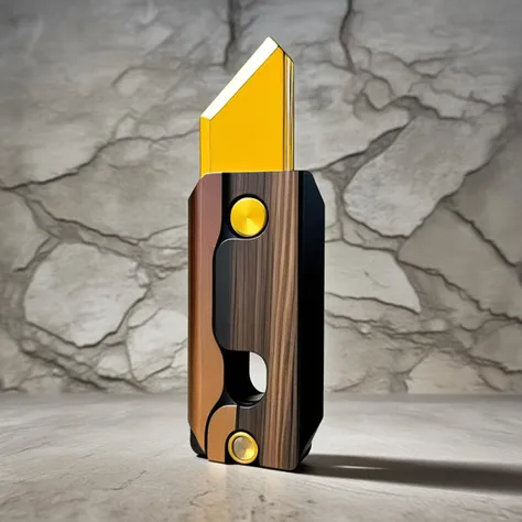 A photorealistic image of a folding knife that exudes the aura of an ancient or religious artifact. The blade should be intricately designed, possibly with engravings or symbols that suggest a mystical or sacred origin. The handle could be made of a material that looks aged or precious, like weathered bone or gold, and may include gemstone inlays or other ornate details. The knife should be displayed in a setting that enhances its artifact-like qualities, such as an ancient temple or a sacred altar. Dramatic lighting should be used to cast shadows and highlights that emphasize the knife's intricate details and give it a mystical glow,<lora:Luobo_knife3:0.65>