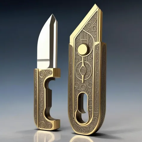 A photorealistic image of a folding knife that exudes the aura of an ancient or religious artifact. The blade should be intricately designed, possibly with engravings or symbols that suggest a mystical or sacred origin. The handle could be made of a material that looks aged or precious, like weathered bone or gold, and may include gemstone inlays or other ornate details. The knife should be displayed in a setting that enhances its artifact-like qualities, such as an ancient temple or a sacred altar. Dramatic lighting should be used to cast shadows and highlights that emphasize the knife's intricate details and give it a mystical glow,<lora:Luobo_knife3:0.55>