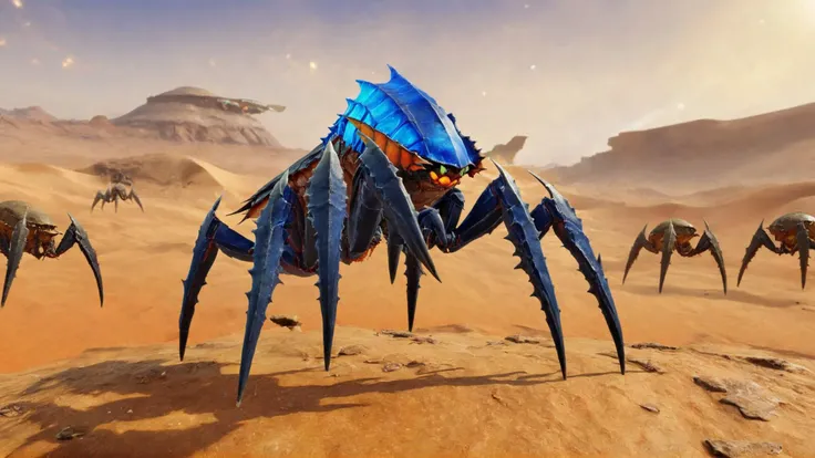 EdobTerminids, 1 blue spider, (solo:1.7), (desert background:1.5) <lora:EdobTerminids_XL_v1.0:0.8>