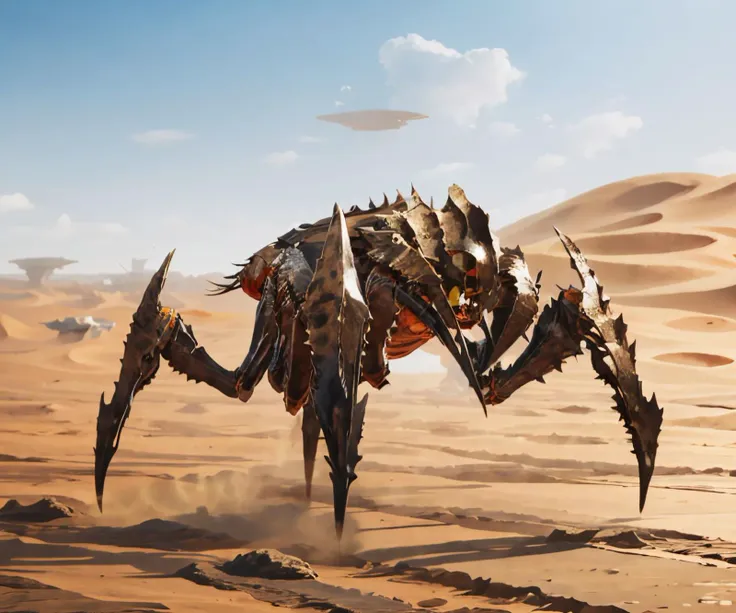 EdobTerminids, metal spider, (realistic:1.5), desert background, <lora:EdobTerminids_v1.0:1>