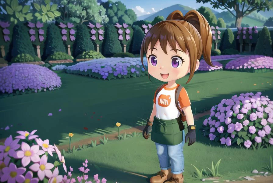 sharp focus, soft lighting, illustration, depth of field, day, garden, flowers, farm, outside, 1girl, solo, brown hair, shirt, gloves, standing, clothes writing, purple eyes, ponytail, short sleeves, brown shoes, pants, backpack , smile, :D, green apron, high ponytail, denim, jeans, blue pants, raglan sleeves, <lora:pony1-000003:0.75>