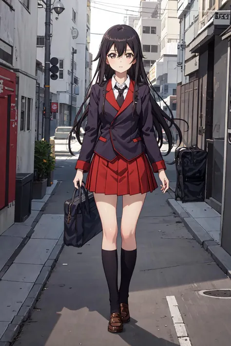 Masterpiece, best quality, perfect lighting, 1girl, solo, ishikawa-goe, long hair, black hair, light-brown eyes, loose hair, sorasaki school uniform, full body pov, outside, <lora:Ishikawa-Goe:0.6>