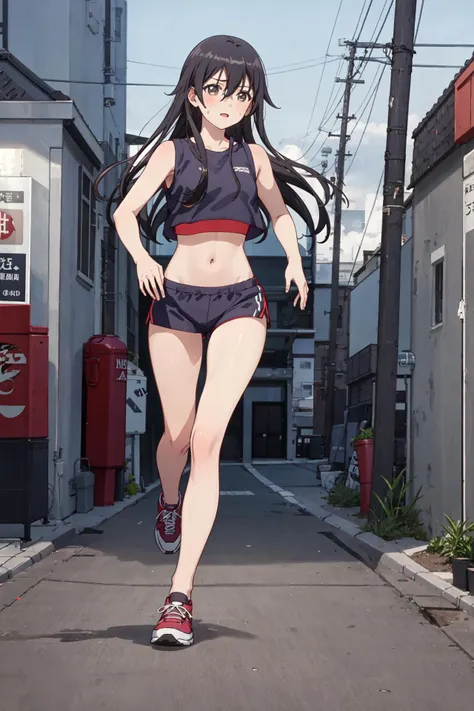 Masterpiece, best quality, perfect lighting, 1girl, solo, ishikawa-goe, long hair, black hair, light-brown eyes, loose hair, sweatpants, crop-top, full body pov, outside, running, street scene, <lora:Ishikawa-Goe:0.6>