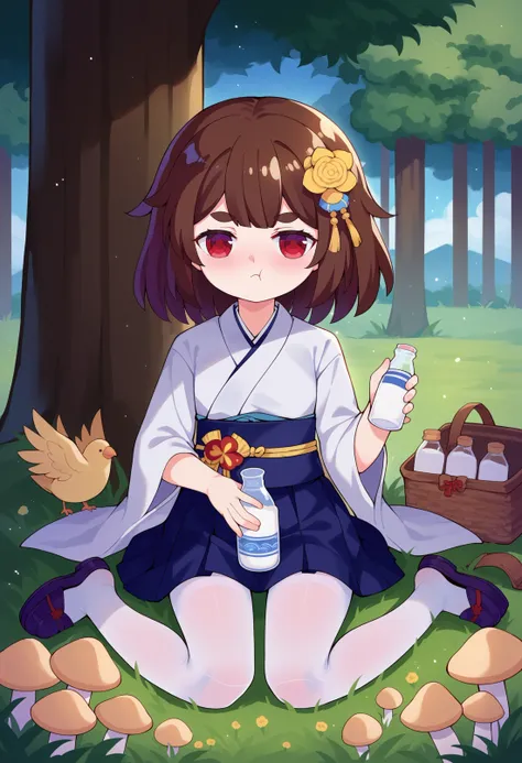 score_9, uncensored, source_anime
BREAK
1girl, :t, animal, bird, blue skirt, bottle, brown footwear, brown hair, closed mouth, day, flower, grass, holding, holding bottle, hole, japanese clothes, kimono, long sleeves, looking at viewer, milk bottle, mushroom, outdoors, pantyhose, pine tree, pleated skirt, pout, purple footwear, red eyes, red flower, short eyebrows, sitting, skirt, solo, thick eyebrows, thighband pantyhose, tree, wariza, white kimono, white pantyhose, wide sleeves, yellow flower
<lora:tsubasa_x2_pony_v2:1>