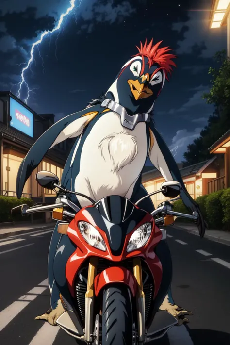(masterpiece),(best quality), ((Penpen)), ((solo)), ((superspeed)), ((penguin, animal, animal focus:1.3)), crazy, smile, green eyes, collar, beak, outdoors, road, driving, drive, night, lightning, on motorbike, <lora:Penpen:0.6>, <lora:add_detail:0.4>