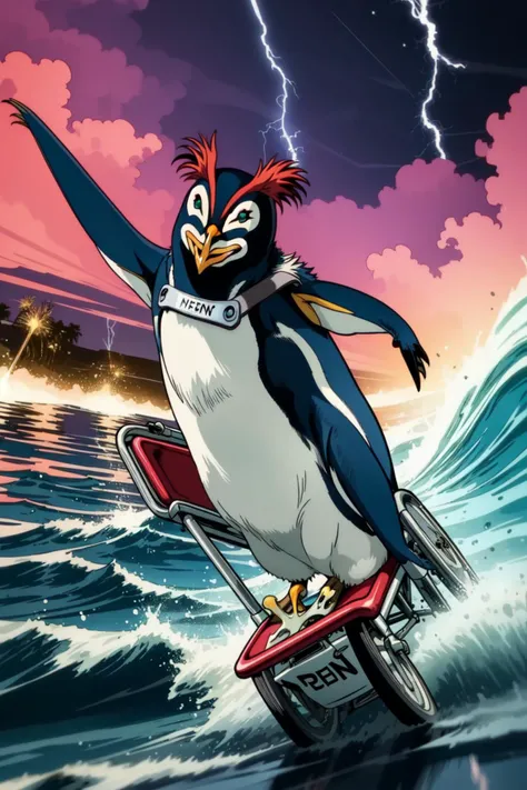 (masterpiece),(best quality), ((Penpen)), ((solo)), ((superspeed)), ((penguin, animal, animal focus:1.3)), crazy, smile, green eyes, collar, beak, outdoors, sea, night, lightning, ((maelstrom)), water, waves, running on water, sitting on wheelchair, <lora:Penpen:0.8>, <lora:add_detail:0.4>, <lora:Superspeed_running:0.8>