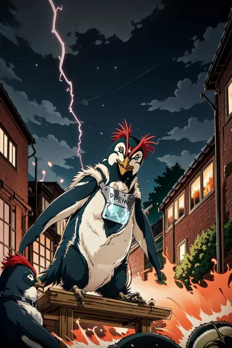 (masterpiece),(best quality), ((Penpen)), ((solo)), ragemode, ((penguin, animal, animal focus:1.3)), :D, destruction, green eyes, collar, beak, outdoors, city alley, night, lightning, storm, fire, wheel of fire, fighting stance, sitting, <lora:Penpen:0.8>, <lora:rageMode_v1:0.4>, <lora:add_detail:0.4>