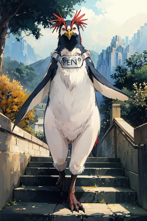 (masterpiece),(best quality), <lora:Penpen:0.95>, solo, penpen, penguin, animal, animal focus, collar, beak, sunlight, walking, smile, stairs, temple, mountain, forest, looking at the viewer, <lora:Adddetail:0.7>