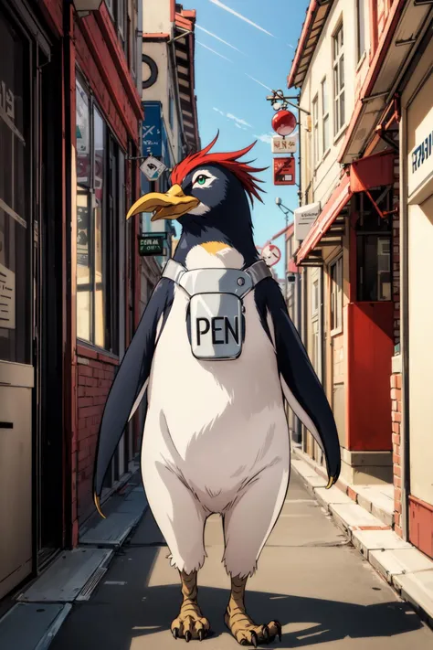 (masterpiece),(best quality),  <lora:Penpen:0.7>, solo, penpen, penguin, animal,  animal focus,green eyes, collar,  beak,  street, sunlight, shops, walking, people, <lora:Adddetail:0.8>