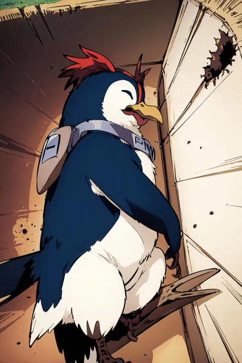 (masterpiece),(best quality), <lora:Penpen:0.95>, solo, penpen, penguin, animal, bag, animal focus, collar, beak, forelimb claw, sunlight, <lora:concept_yamchapose:1> yamchapose, lying, on side, closed eyes, crater, dirt