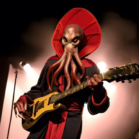 1boy, solo mindflayer, upper body, monster, alien, tentacles, <lora:mindflayer:1>. he has red eyes. He's wearing a robe. The mindflayer is playing his guitar <lora:anime_guitarv1:0.8>, he's in a concert, concert in Baldur's Gate.