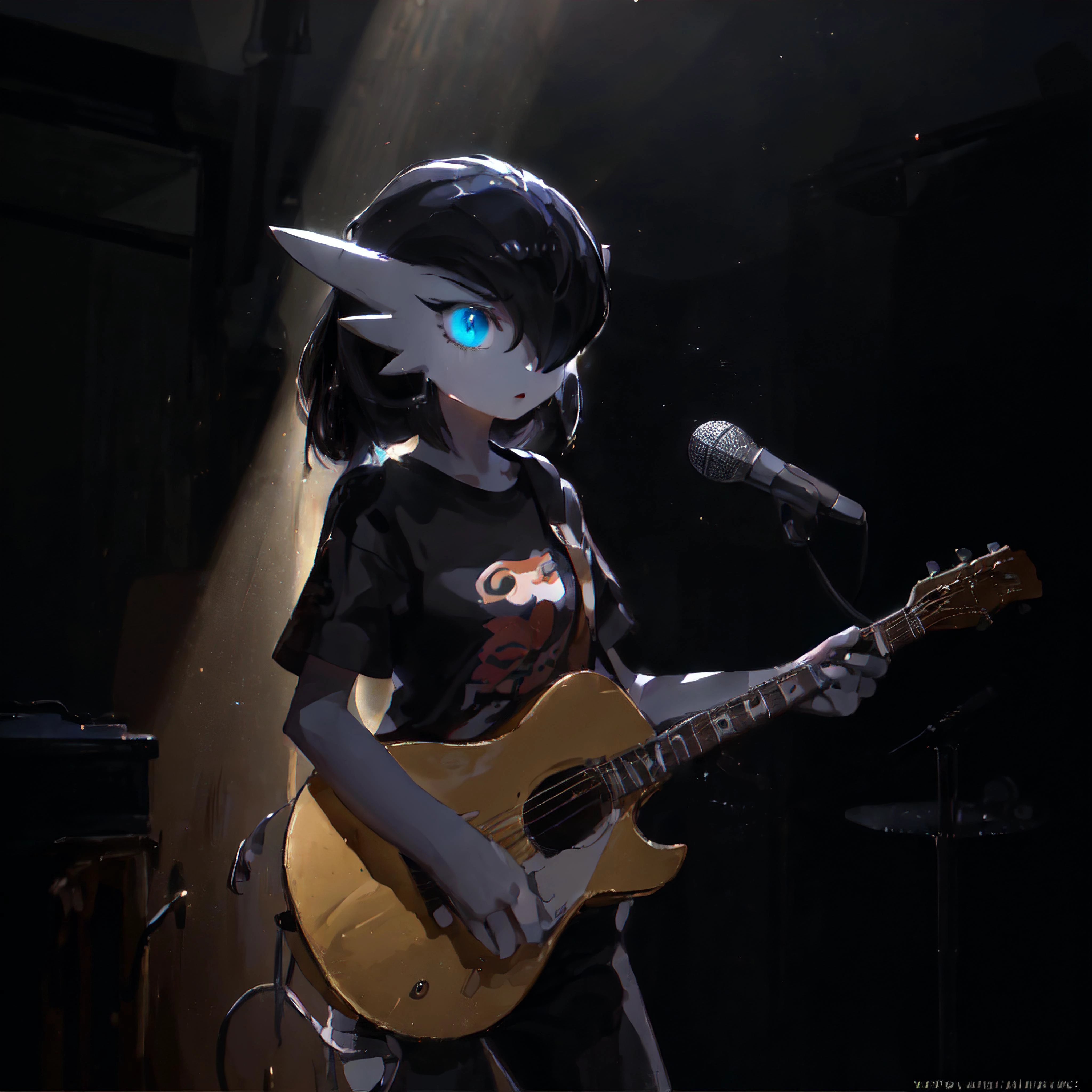 (masterpiece, best quality, ultra-detailed, best shadow), (detailed background, cowboy shot, backlighting, playing electric guitar and singing into a microphone, on stage, standing, guitar, looking forward, serious expression, bright stage lighting), (beautiful detailed face), high contrast, (best illumination), ((cinematic light)), colorful, hyper detail, dramatic light, intricate details, (gardevoir,creatures \(company\), game freak, nintendo, pokemon, pokemon \(game\), bangs, colored skin, female focus, gen 3 pokemon, black hair, (messy ponytail), black cardigan, tshirt, sweatpants, hair over one eye, multicolored skin, pokemon \(creature\), blue eyes, white skin), <lora:gardevoir_V2:0.8>, <lora:anime_guitarv1:0.6>
