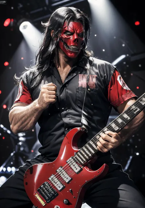 1boy, strong caucasian male, (masterpiece:1.2),(best quality:1.2),ultra high res,photorealistic, realistic, photo-realistic,(extremely detailed CG unity 8k wallpaper), detailed face, (muscular:1.4), (huge body:1.4), 30yo, (skull makeup), (black long hair:1.1), (metalic mask), (black full beard:1.2), angry,furious,glaring,glare, (wearing red work clothes, roll up sleeves:1.5), ((holding black burst electric guitar, playing guitar)), dynamic pose, heavy metal, (in rock concert stage, stage light, concert), (dynamic angle, solo focus,from front:1.1), (looking at viewer:1.4), sweaty body,glossy skin, <lora:mask:1>, <lora:muscle_slider_v1:3>, <lora:anime_guitarv1:0.6>,