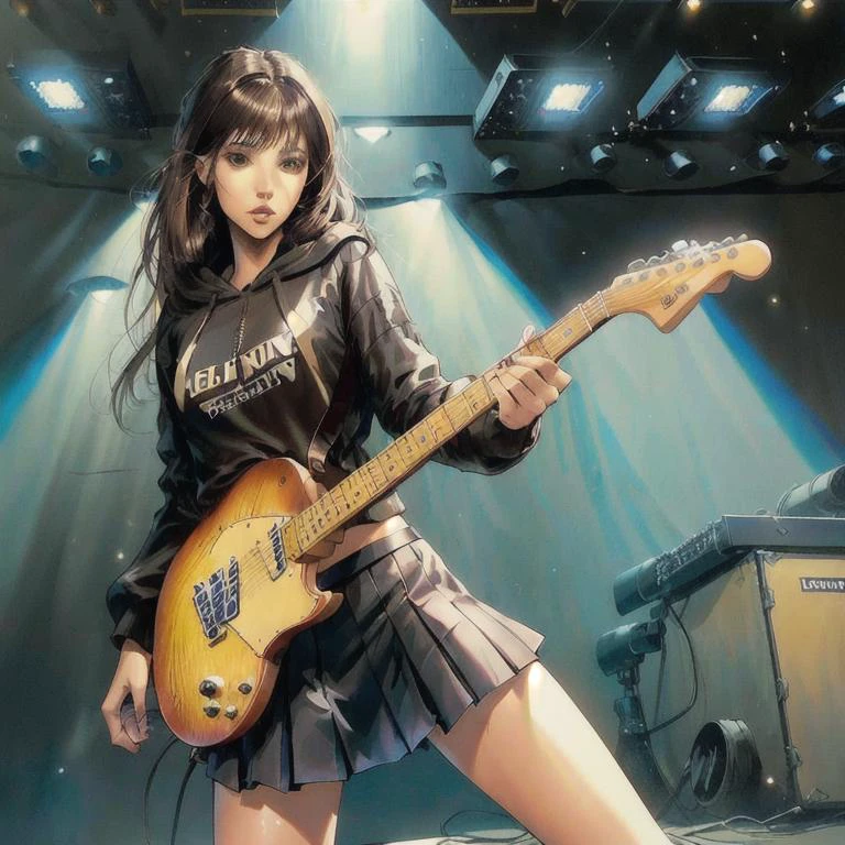 an american comic book illustration of a beautiful 25 yo brunette woman, <lora:c3l3m4n4:0.8>, wearing a black oversized hoodie and pleated skirt, bangs hairstyle, brown eyes, playing a telecaster guitar, sublime art, detailed, realistic skin texture, high Detail, Sharp focus, best quality, 8k, award winning, dramatic lighting, epic, cinematic, masterpiece, depth of field, <lora:graphicNovelStyle_v10:0.4>, <lora:guitarsElectricAnd_v10:0.5>