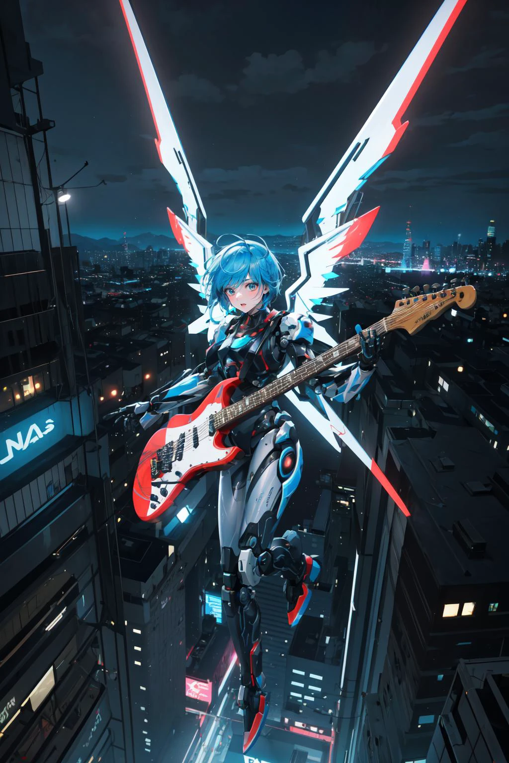 (masterpiece, best quality, highres),finely detail,(beautiful),from above,1girl,(float in the air),blue short hair,bodysuit,mechanical wings,mecha musume,mechanical parts,robot joints,solo,cyberpunk,electric guitar,playing guitar,(Night City),over the city,neon sign,<lora:AMechaSSS[color_theme,mecha musume, mechanical parts,robot joints,headgear]:0.8>, <lora:anime_guitarv1:0.6>