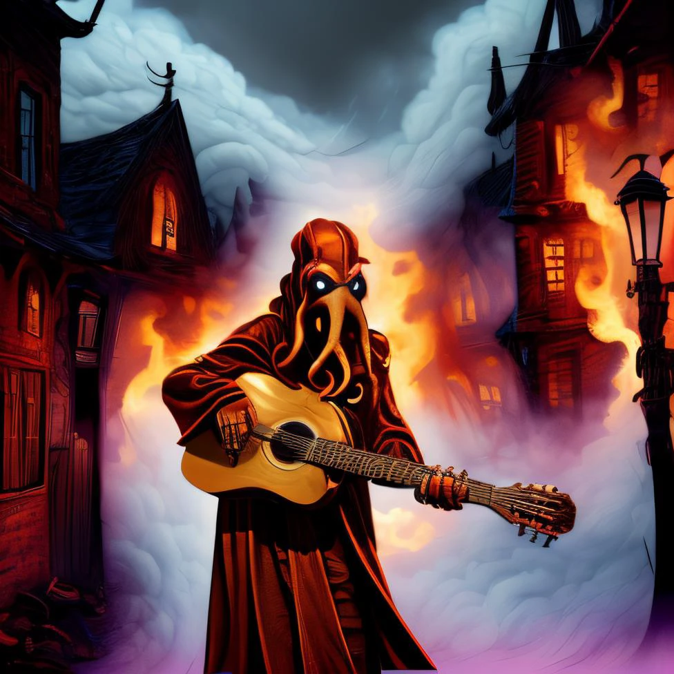 fantasy genre digital art, solo mindflayer, monster, alien, tentacles, <lora:mindflayer:1>. he has fiery eyes. He's wearing a robe. The mindflayer is playing his guitar <lora:anime_guitarv1:0.8>, he's playing inside a burning village. The background is a medieval village, burning, on fire, clouds of smoke, fantasy genre. <lora:add_detail:1>