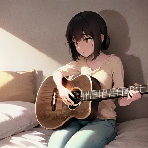 (masterpiece, best quality, ultra-detailed, best shadow), (detailed background, cowboy shot, playing acoustic guitar, bedroom, guitar, sitting on bed), (beautiful detailed face), high contrast, (best illumination), ((cinematic light)), colorful, hyper detail, dramatic light, intricate details, (1girl, young adult woman, casual outfit, pants), <lora:anime_guitarv1:0.8>