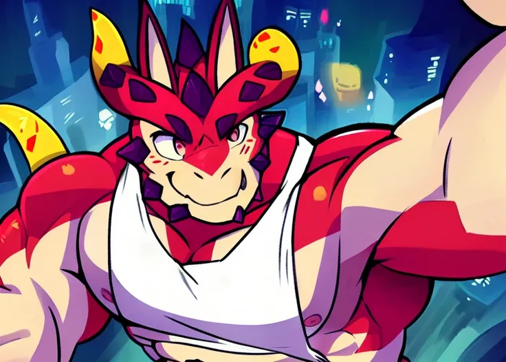 safe cthugha \(tas\) dragon anthro solo male fully clothed tank top half-length portrait detailed eyes v sign selfie high-angle view detailed high contrast absurd res red body night painting \(artwork\) detailed background tokyo city lineless dutch angle depth of field rim lighting backlighting gouache \(artwork\) by Jacob Philipp Hackert
