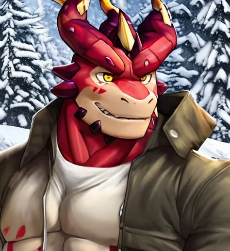 safe cthugha \(tas\) dragon anthro solo male fully clothed cthughacoat coat sweater winter snow detailed background half-length portrait red body detailed eyes three-quarter view detailed absurd res