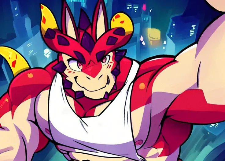 safe cthugha \(tas\) dragon anthro solo male fully clothed tank top half-length portrait detailed eyes v sign selfie high-angle view detailed high contrast absurd res red body night painting \(artwork\) detailed background tokyo city lineless dutch angle depth of field rim lighting backlighting gouache \(artwork\) by Jacob Philipp Hackert