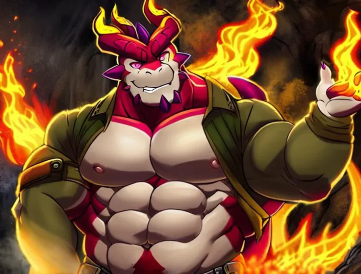 lava cave fire flames sparks,( cthugha \(tas\) ) dragon anthro solo male, huge red body, muscle belly, explicit content, absurd res detailed digital painting \(artwork\) lineless shading, fully clothed cthughajacket, [[yellow sclera]] pink eyes, huge arms, detailed fire hands