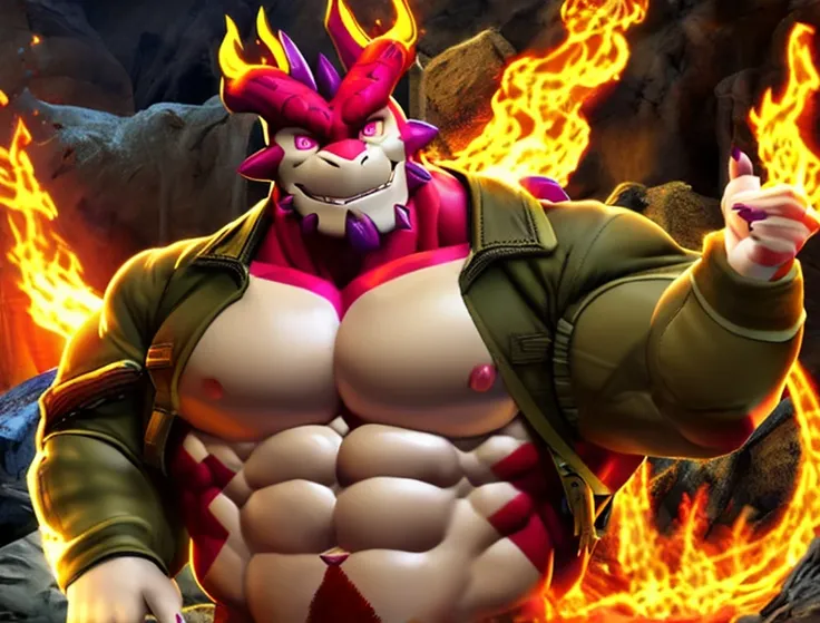 lava cave fire flames sparks,( cthugha \(tas\) ) dragon anthro solo male, huge red body, muscle belly, explicit content, absurd res detailed digital painting \(artwork\) lineless shading, fully clothed cthughajacket, [[yellow sclera]] pink eyes, huge arms, detailed fire hands