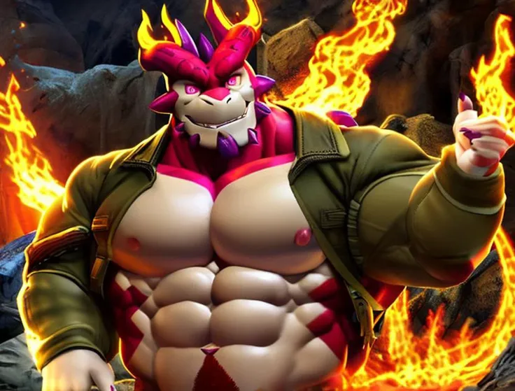 lava cave fire flames sparks,( cthugha \(tas\) ) dragon anthro solo male, huge red body, muscle belly, explicit content, absurd res detailed digital painting \(artwork\) lineless shading, fully clothed cthughajacket, [[yellow sclera]] pink eyes, huge arms, detailed fire hands