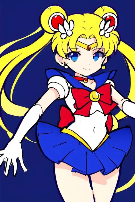 best quality,high resolution,extremely detailed CG, detailed face,<lora:puyopuyov2:1.4> puyopuyo,full body, smile <lora:sailor_moon_v1:0.6> aausagi, double bun, twintails, parted bangs, circlet, jewelry, earrings, choker, red bow, white gloves, elbow gloves, blue skirt,hair ornament,leotard