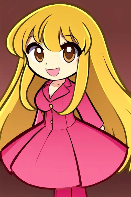 best quality,high resolution,extremely detailed CG, detailed face,<lora:puyopuyov2:1.4> puyopuyo,full body, smile <lora:Reiko_Katherine_Akimoto-KK77-V1:0.7> blonde_hair,long_hair,bangs,(brown_eyes:1.3),Pink_jacket,Pink_Long_pants,Deep cleavage,