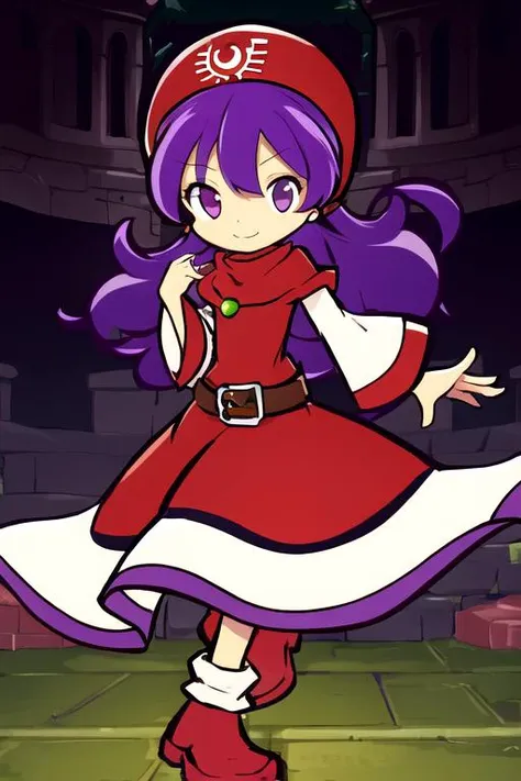 best quality,high resolution,extremely detailed CG, detailed face,<lora:puyopuyov2:1.4> puyopuyo,full body, smile <lora:moonbrooke-nvwls-v1:0.6> dqpom, purple hair, red hood, whire robe