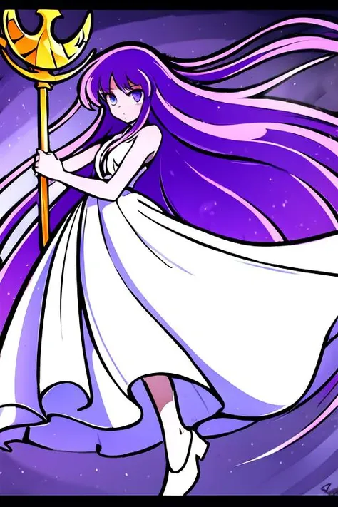 best quality,high resolution,extremely detailed CG, detailed face,<lora:puyopuyov2:1.3> puyopuyo,full body, <lora:Kido_SaoriV3:1> kido_saori, saori_sleeveless_white_dress, staff_nikke, holding_staff