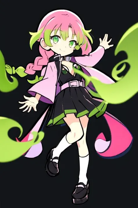 best quality,high resolution,extremely detailed CG, detailed face,<lora:puyopuyov2:1.3> puyopuyo,full body, smile <lora:mitsurikanrojitest:0.6> mitsuri kanroji, braid, gradient hair, (green eyes:1.5), green hair, long hair, mole, mole under eye, multicolored hair, pink hair, twin braids, two-tone hair,belt, black skirt, cleavage, coat, demon slayer uniform, haori, japanese clothes, long sleeves, miniskirt, partially unbuttoned, pleated skirt, skirt, uniform, big bust,