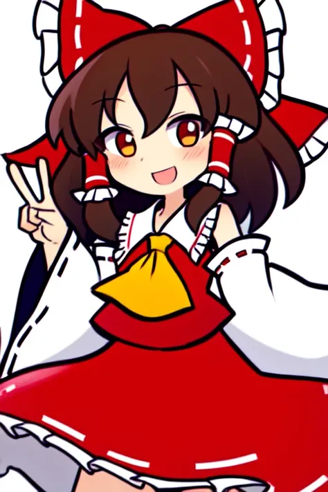 masterpiece, best quality, 1girl, puyopuyo, touhou, hakurei reimu, blush, bow, brown eyes, brown hair, detached sleeves, hair bow, open mouth, red shirt, red skirt, shirt, simple background, skirt, smile, solo, peace sign, white background, white sleeves  <lora:puyopuyov2:1>