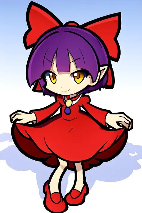 best quality,high resolution,extremely detailed CG, detailed face,<lora:puyopuyov2:1.4> puyopuyo,full body, smile <lora:nekomusume_v1:0.6> nmm1, nekomusume, nekomusume \(gegege no kitarou 6\), 1girl, purple hair, yellow eyes, solo, red dress, red choker, hair bow, pointy ears, short hair, white shirt, long sleeves, red bow, bangs, collarbone, brooch, jewelry