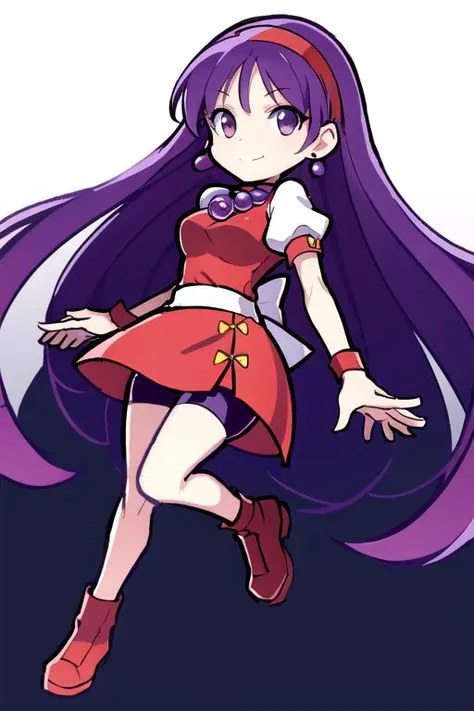 best quality,high resolution,extremely detailed CG, detailed face,<lora:puyopuyov2:1> puyopuyo,smile,full body, <lora:asamiya_athena_3:0.6> aa1, purple hair, long hair, hairband, long hair, necklace, bike shorts, earrings, red dress, medium breasts, puffy short sleeves, white sleeves, wristband