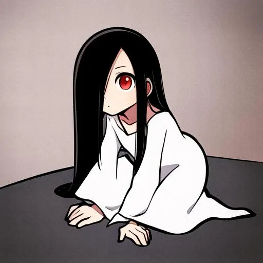 ((masterpiece)),(best quality), absurdres,sadako_yamamura,red eyes,white dress,<lora:Sadakobest:0.7>,  <lora:puyoPuyoStyle_v1:1>, puyoPuyo,
