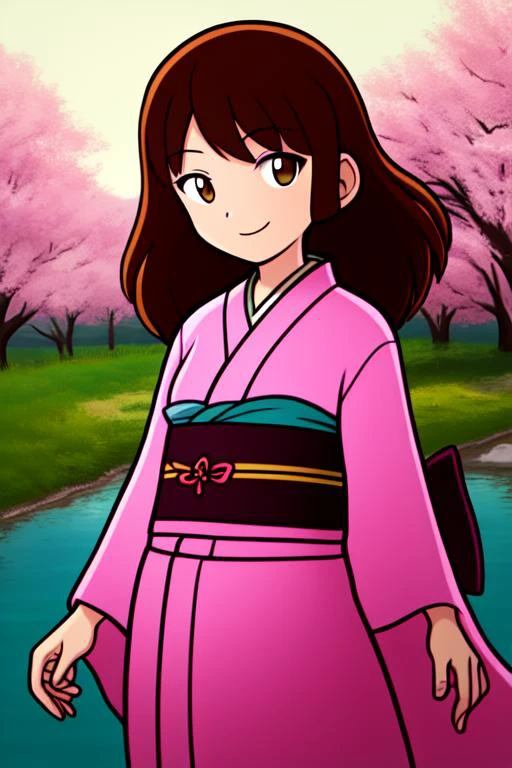 masterpiece, best quality, 1girl, solo, flat colors, kimono, cherry blossoms, outdoors, river, looking at viewer, light smile, cowboy shot, brown hair, sunlight <lora:puyopuyov3_5592:1>