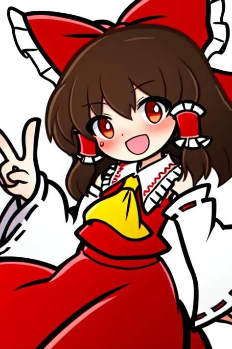 masterpiece, best quality, 1girl, touhou, hakurei reimu, blush, bow, brown eyes, brown hair, detached sleeves, hair bow, open mouth, red shirt, red skirt, shirt, simple background, skirt, smile, solo, peace sign, white background, white sleeves  <lora:puyopuyov3_5592:1>