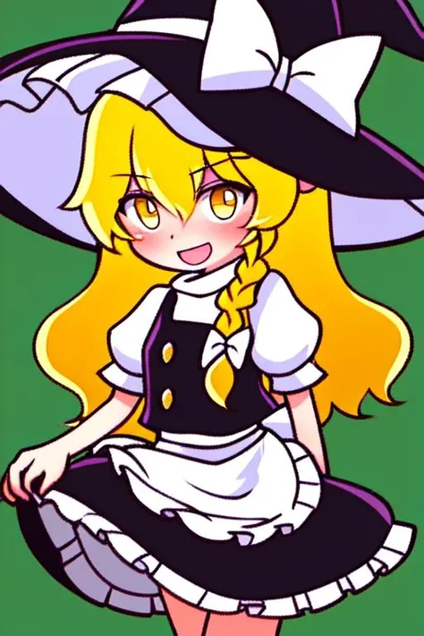 masterpiece, best quality, 1girl, touhou, kirisame marisa, black headwear, black skirt, blonde hair, blush, frilled apron, frilled skirt, hair between eyes, hat, hat bow, long hair, open mouth, short sleeves, single braid, smile, vest, waist apron, white apron, white bow, witch hat, yellow eyes <lora:puyopuyov3_5592:1>