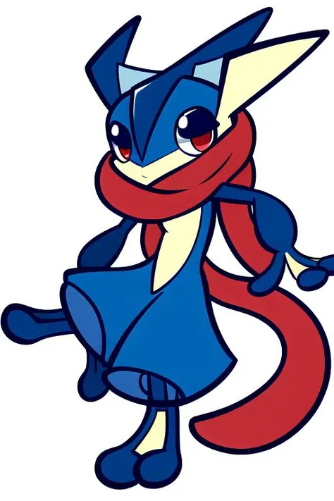 masterpiece, best quality, perfect anatomy, full-body shot, <lora:puyopuyov2:1>, puyopuyo, <lora:GreninjaV1_e10:0.8>, pokemon \(creature\), solo, greninja, blue skin, red eyes, tongue scarf, centered, no humans, looking at viewer, facing viewer, white background, simple background