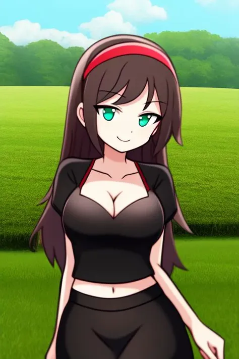masterpiece, best quality, 1girl, standing, hairband, long hair, revealing clothes, midriff, navel, black dress, cleavage, seductive smile, outdoors, field, cowboy shot <lora:puyopuyov3_5592:1>