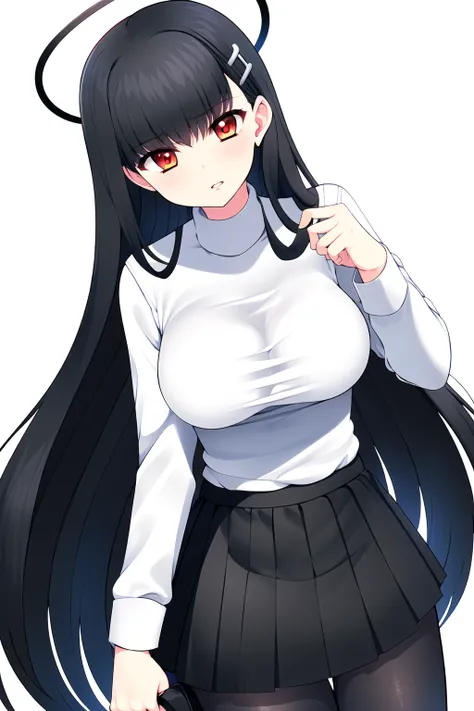 masterpiece, (high resolution), 1girl, solo, black_long_hair, breasts, looking_at_viewer, bangs, large_breasts, simple_background, red_eyes, long_sleeves, holding, black pantyhose, thighs, parted_lips, blunt_bangs,(white_shirt, black_jacket, black_skirt:1.3),halo, solo, cowboy shot,
<lora:aoinishimataV2_1:0.8>, <lora:blueArchiveTsukatsuki_rioVer2:0.6>