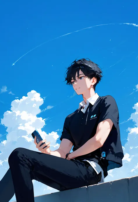 score_9, score_8_up, score_7_up, best quality, source_anime BREAK, 1boy, male focus, cloud, white shirt, cloudy sky, sitting, black hair, black pants, outdoors, holding phone, short hair, talking on phone, jacket, day, cellphone, black shirt, blue sky, short sleeves, collared shirt