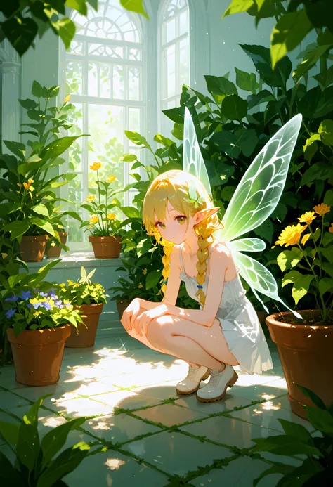 score_9, score_8_up, score_7_up, best quality, source_anime BREAK, 1girl,minigirl,(fairy_wings:1.2),long_hair,hair_flower, blonde_hair,twin_braids,hair_over_shoulder, garden,flower_pot on_floor,squatting,looking_at_flowers,