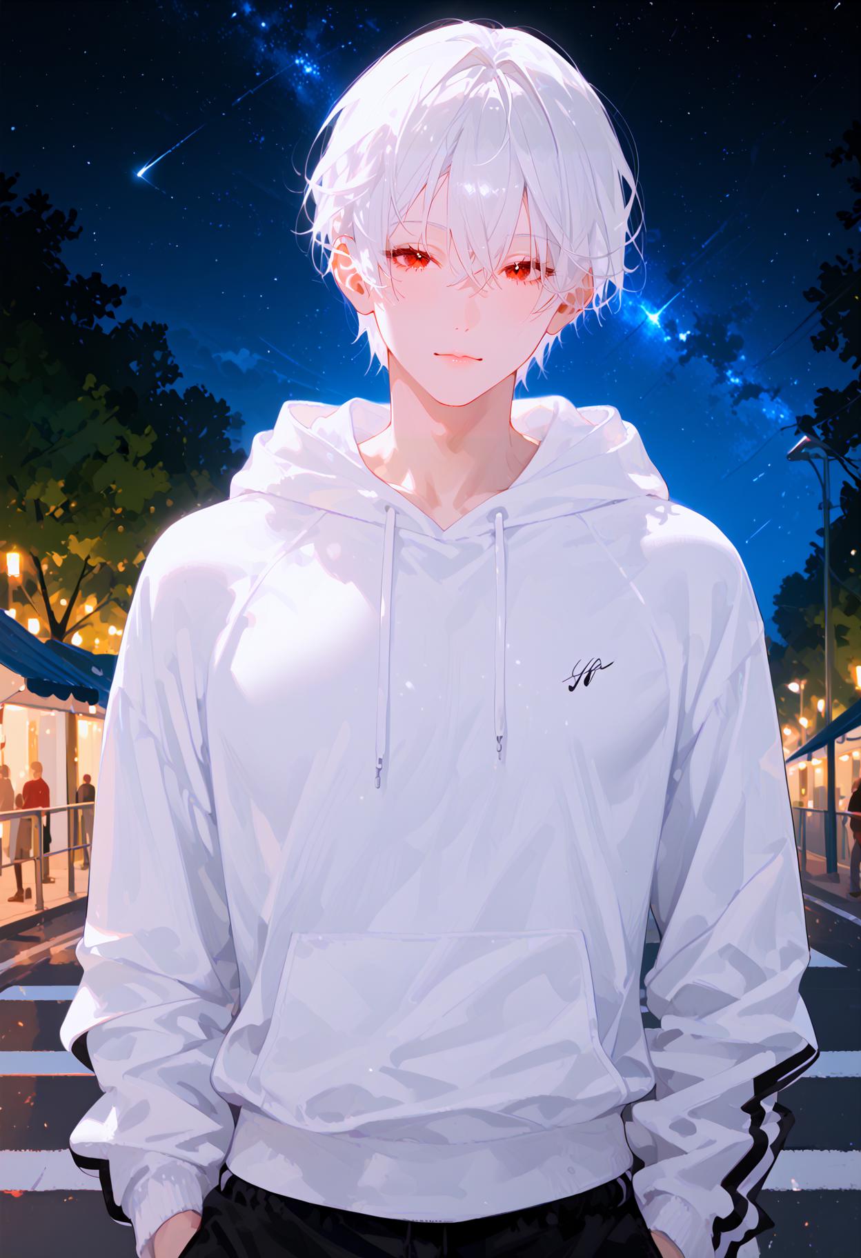 Anime boy with white hair and red eyes standing in the street - SeaArt AI